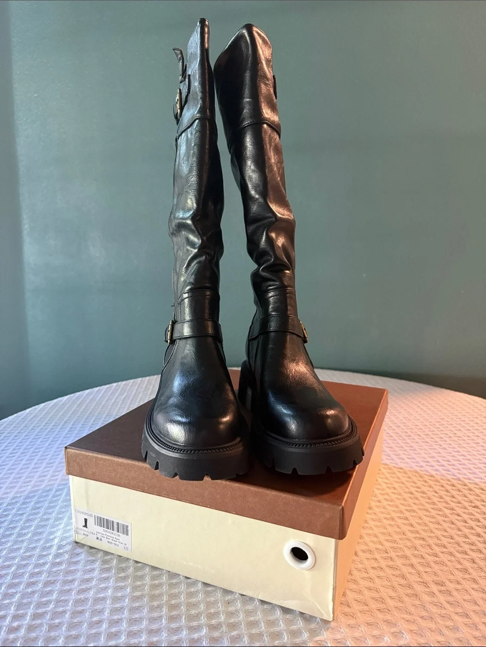 Black Leather Over-the-Knee Lug-Sole Boots